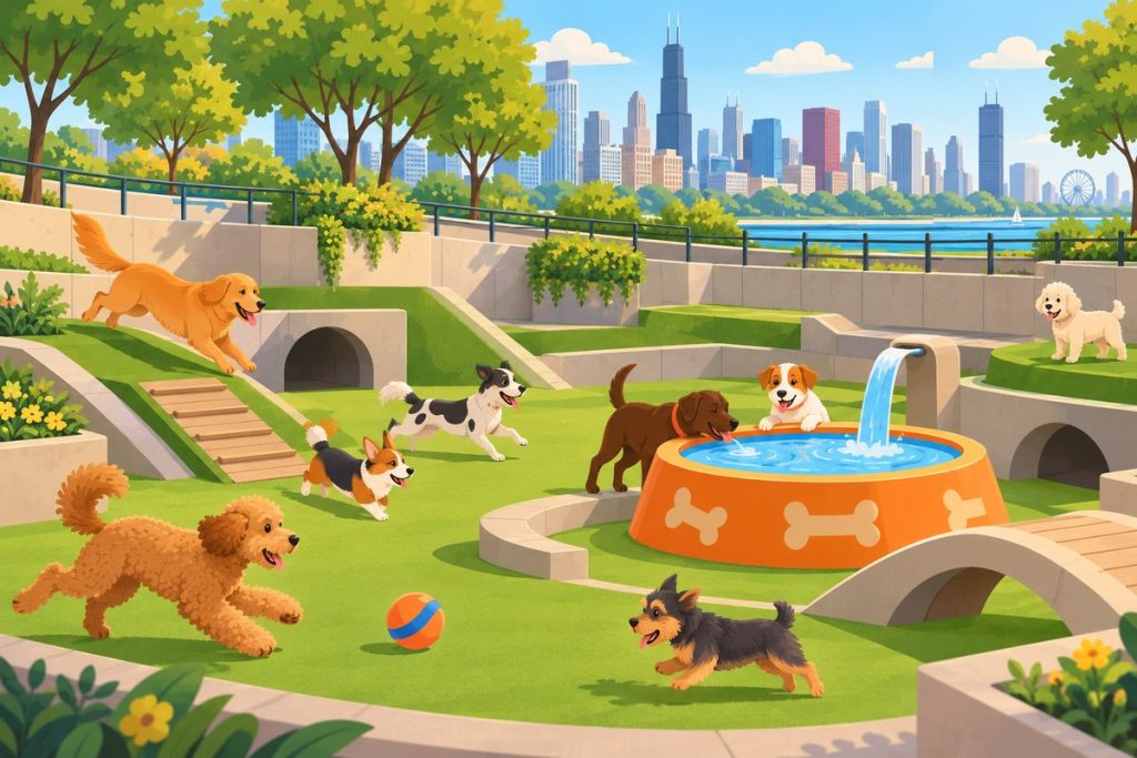 Bartelme Park Dog Park in Chicago — illustration of dogs playing at the off-leash area (not a photo)