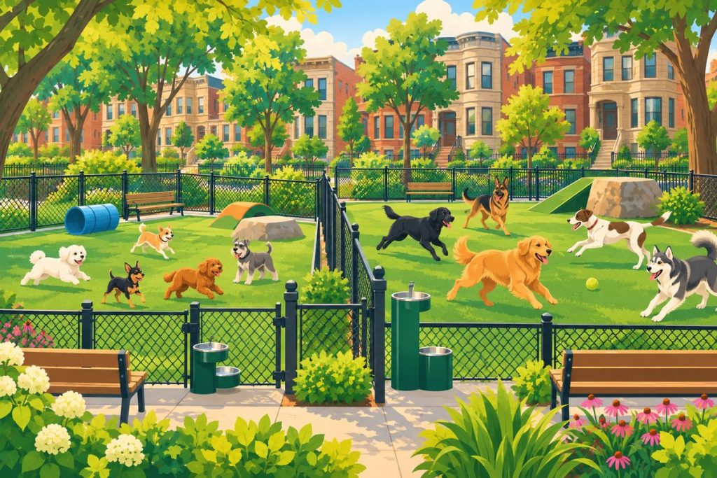 Bronzeville Dog Park 590 in Chicago — illustration of dogs playing at the off-leash area (not a photo)