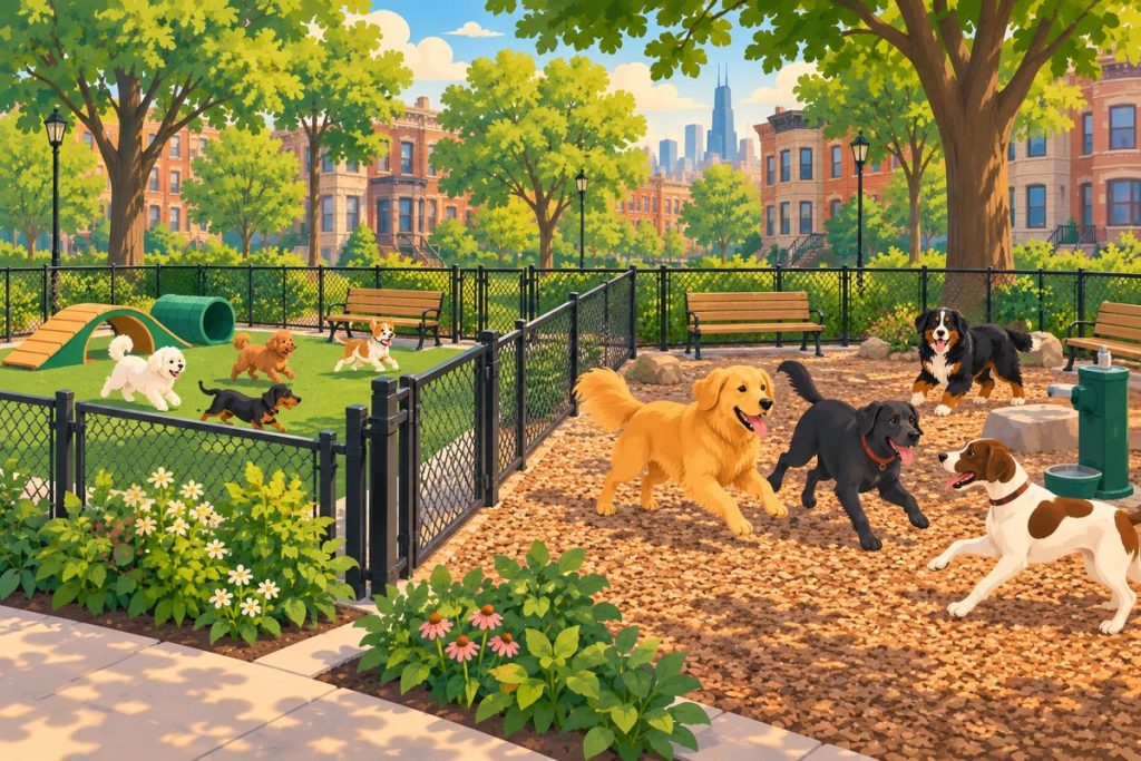 Bronzeville Dog Park 591 in Chicago — illustration of dogs playing at the off-leash area (not a photo)