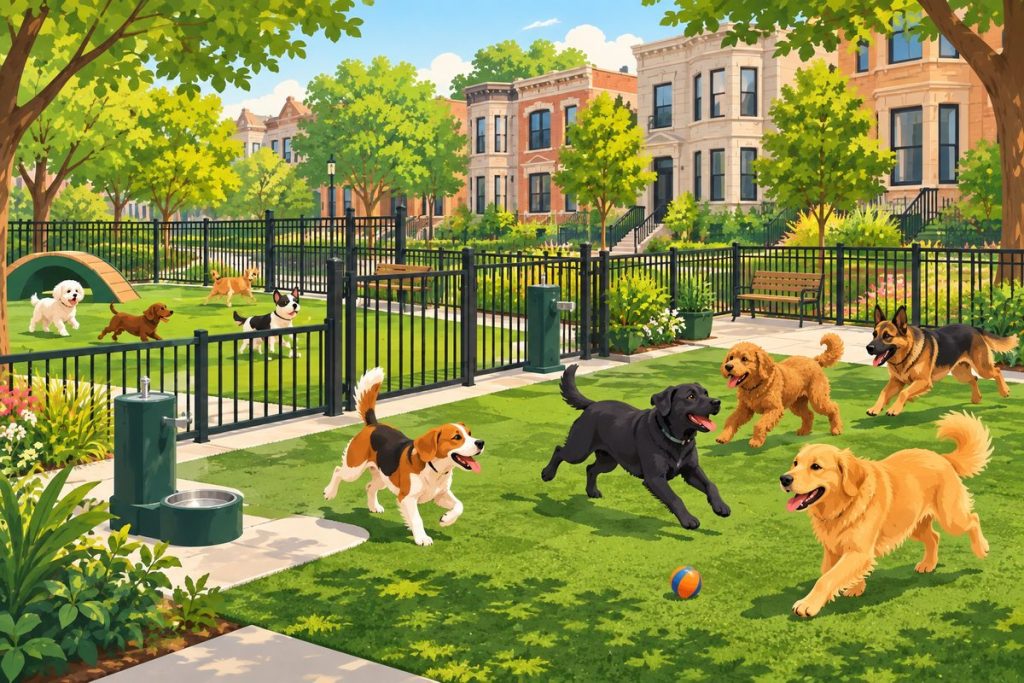 Bronzeville Dog Park 592 in Chicago — illustration of dogs playing at the off-leash area (not a photo)