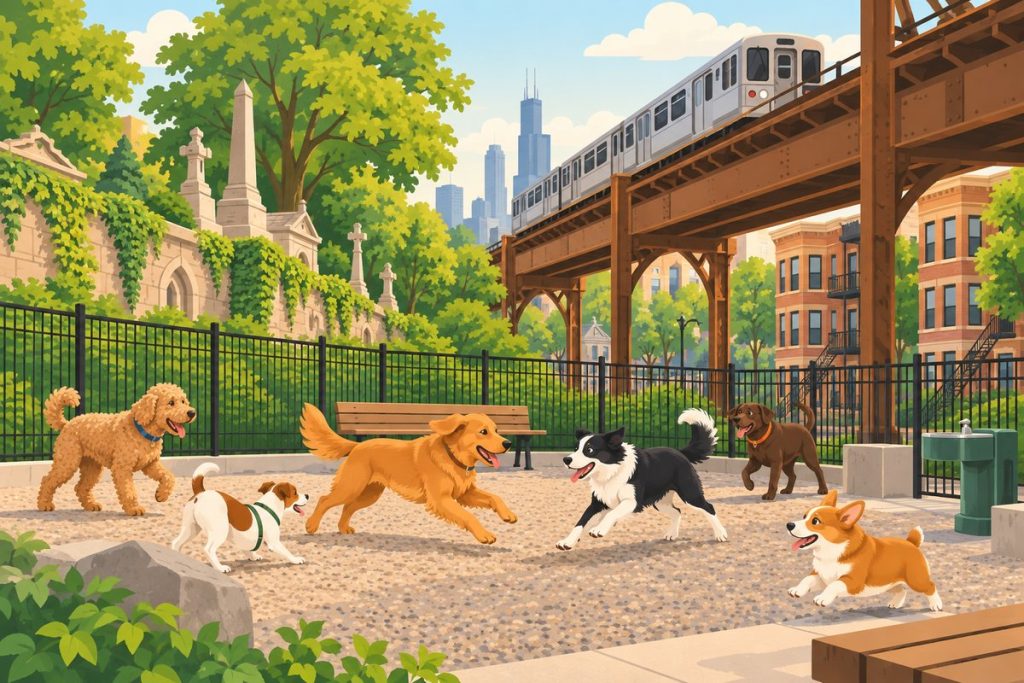 Challenger Park Dog Park in Chicago — illustration of dogs playing at the off-leash area (not a photo)