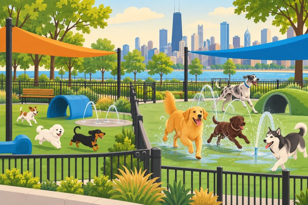 Fred Anderson Dog Park in Chicago — illustration of dogs playing at the off-leash area (not a photo)
