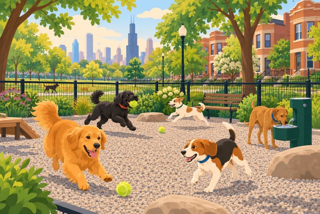 Hamlin Park Dog Park in Chicago — illustration of dogs playing at the off-leash area (not a photo)