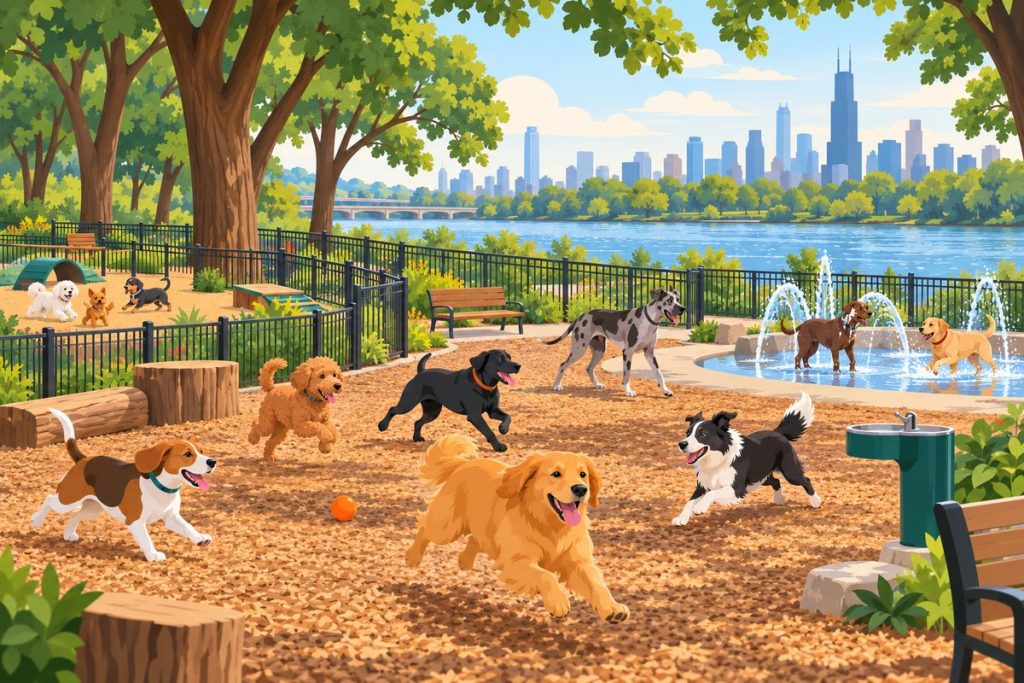 Horner Park Dog Park in Chicago — illustration of dogs playing at the off-leash area (not a photo)