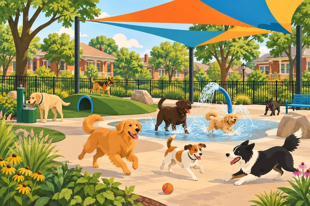 Kosciuszko Park Dog Park in Chicago — illustration of dogs playing at the off-leash area (not a photo)