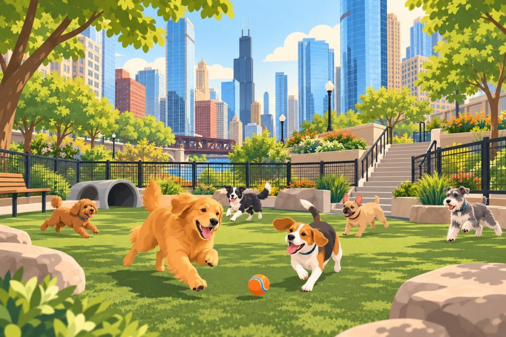 Lakeshore East Dog Park in Chicago — illustration of dogs playing at the off-leash area (not a photo)