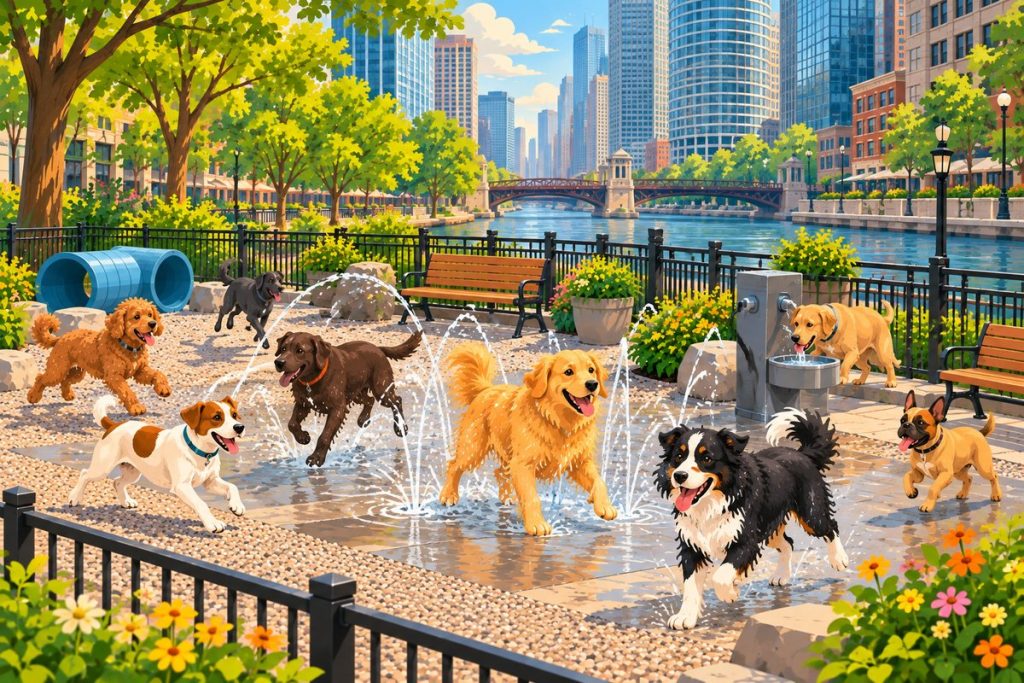 Larrabee Dog Park in Chicago — illustration of dogs playing at the off-leash area (not a photo)