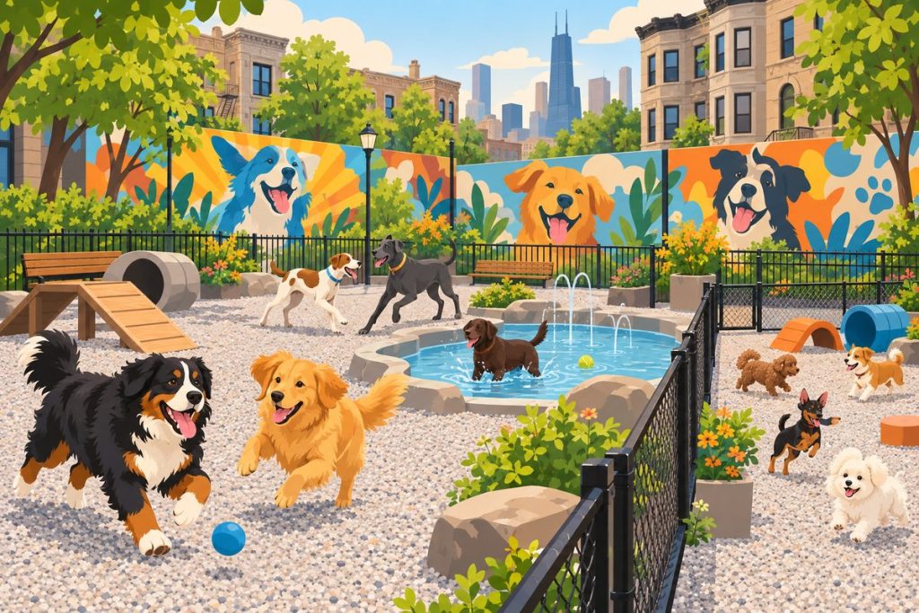 Logan Square Dog Park in Chicago — illustration of dogs playing at the off-leash area (not a photo)