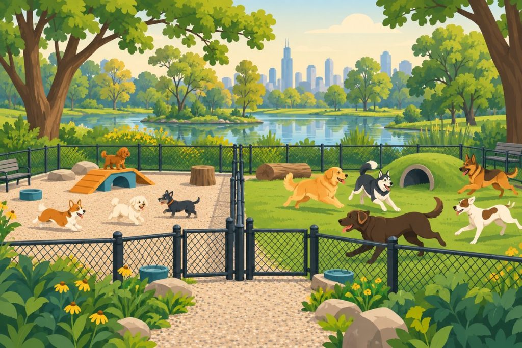Mckinley Dog Park in Chicago — illustration of dogs playing at the off-leash area (not a photo)
