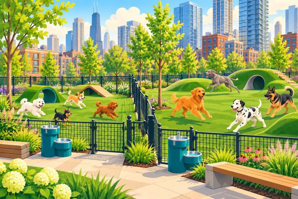 Near North Park Dog Park in Chicago — illustration of dogs playing at the off-leash area (not a photo)