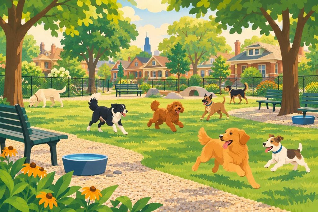Norwood Park Dog Park in Chicago — illustration of dogs playing at the off-leash area (not a photo)