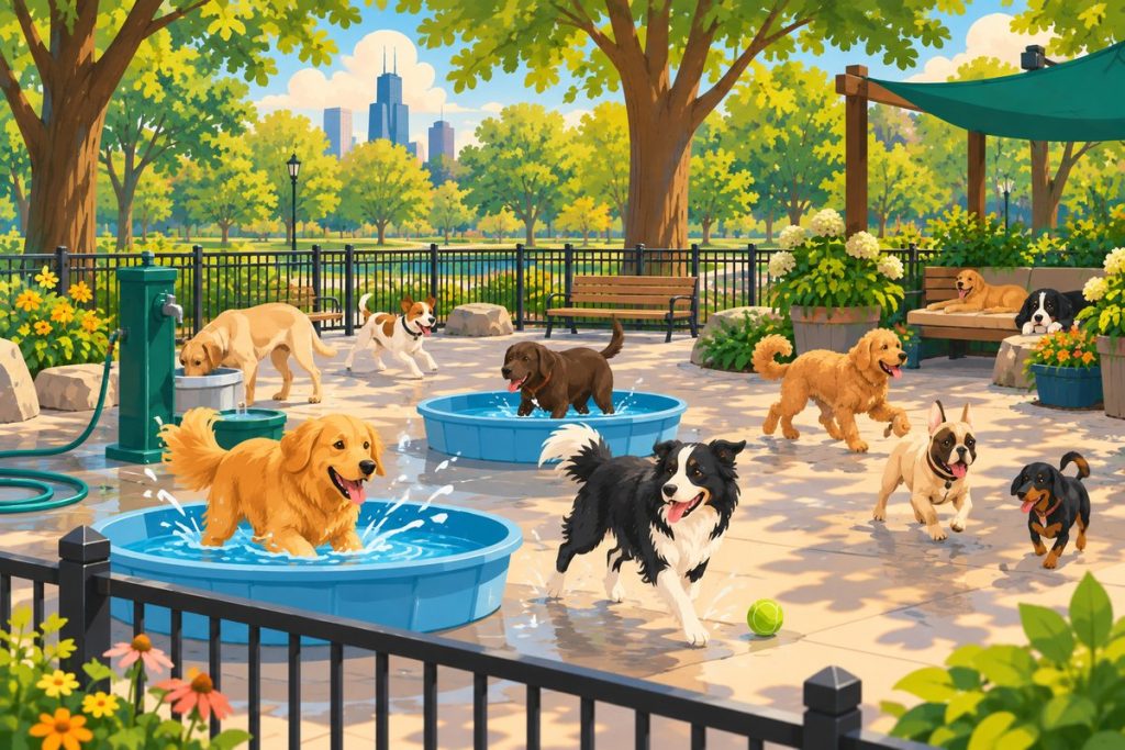 Portage Park Dog Park in Chicago — illustration of dogs playing at the off-leash area (not a photo)