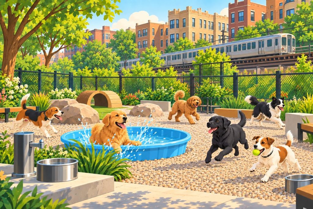 Pottawattomie Park Dog Park in Chicago — illustration of dogs playing at the off-leash area (not a photo)