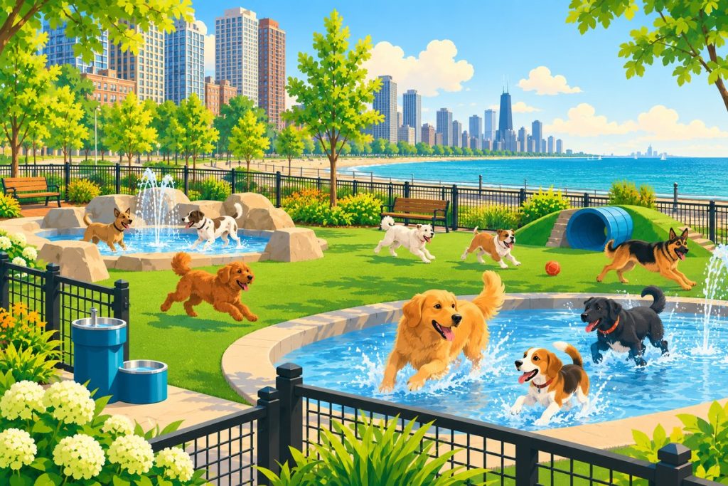Puptown Dog Park in Chicago — illustration of dogs playing at the off-leash area (not a photo)