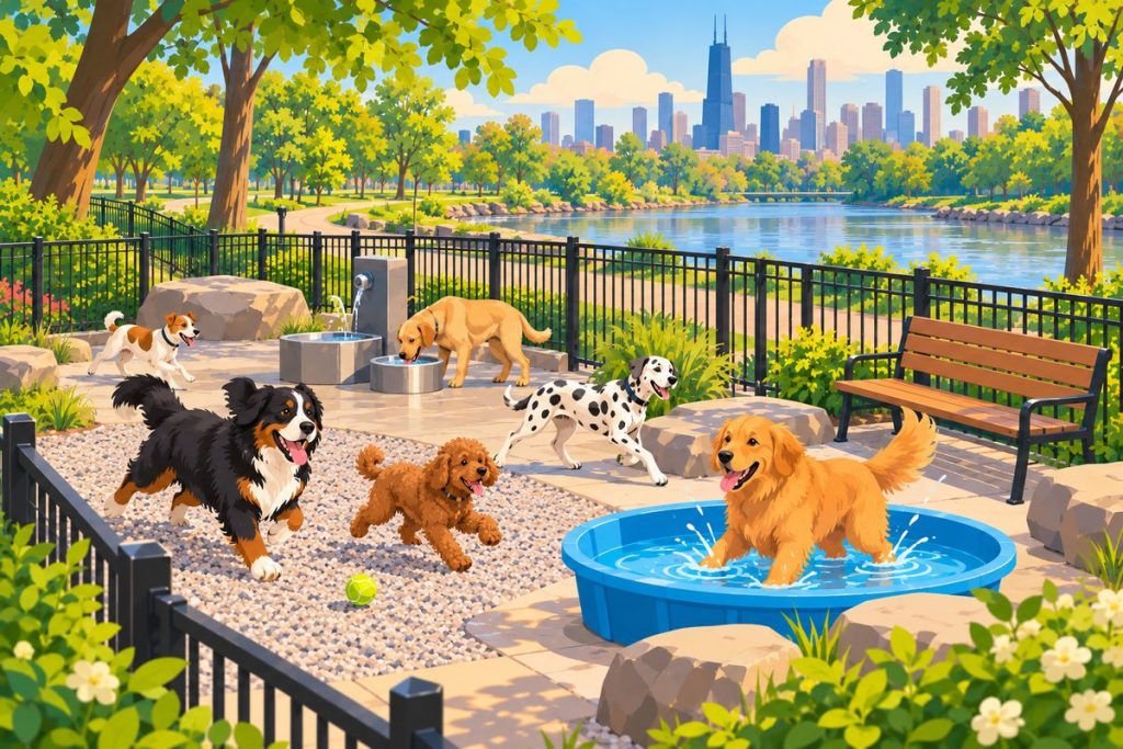River Park Dog Park in Chicago — illustration of dogs playing at the off-leash area (not a photo)