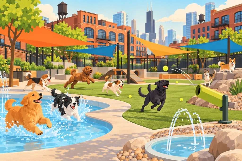 West Loop 569 Dog Park in Chicago — illustration of dogs playing at the off-leash area (not a photo)