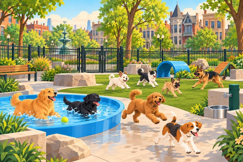 Wicker Park Dog Park in Chicago — illustration of dogs playing at the off-leash area (not a photo)